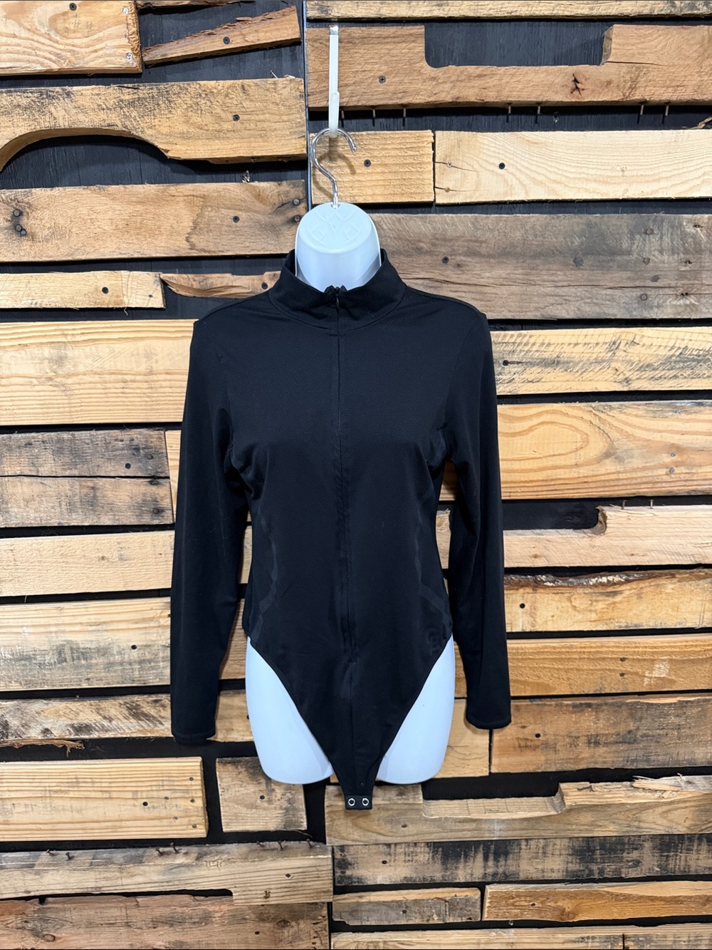 Good American Black Long Sleeve Mockneck Zip Up Sculpt Thong Bodysuit Size XL